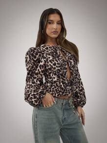 SHEIN BAE 女式前系带长袖豹纹夹克，休闲装秋季女士夹克节日服装冬季女士外套冬季女装秋季女装豹纹外套泡泡袖夹克圣诞服装冬季外套生日女装 - 彩色 - 查看 5