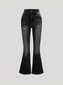 SHEIN Girlism Tween Girls' Y2k Retro Washed Stretchy Denim Flare Leg Jeans With Slant Pocket For Summer