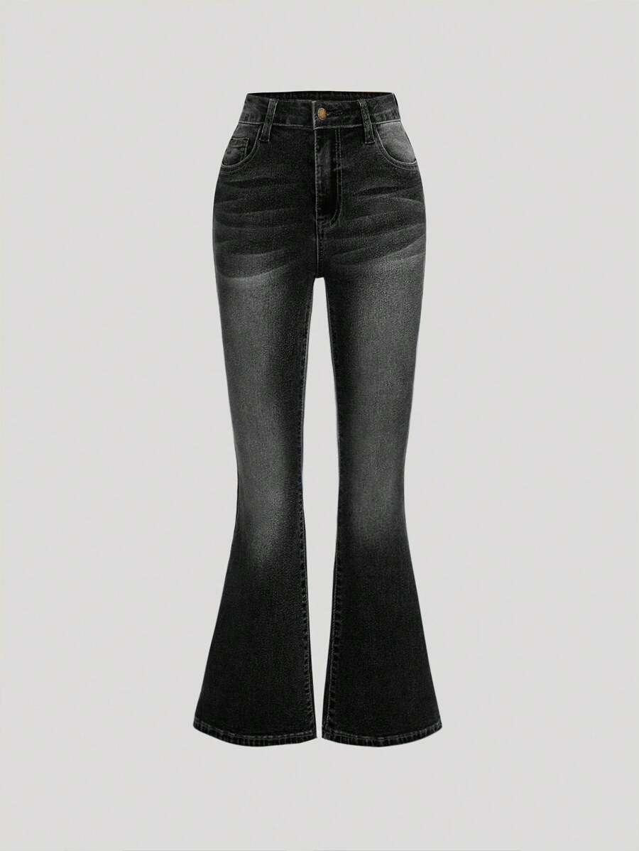 SHEIN Girlism Tween Girls' Y2k Retro Washed Stretchy Denim Flare Leg Jeans With Slant Pocket For Summer