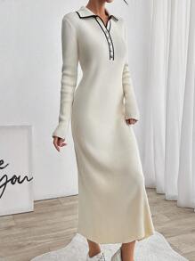 RueChic Body Corn Elegant Gold Button Lady Knit Dress - Beige - View 1