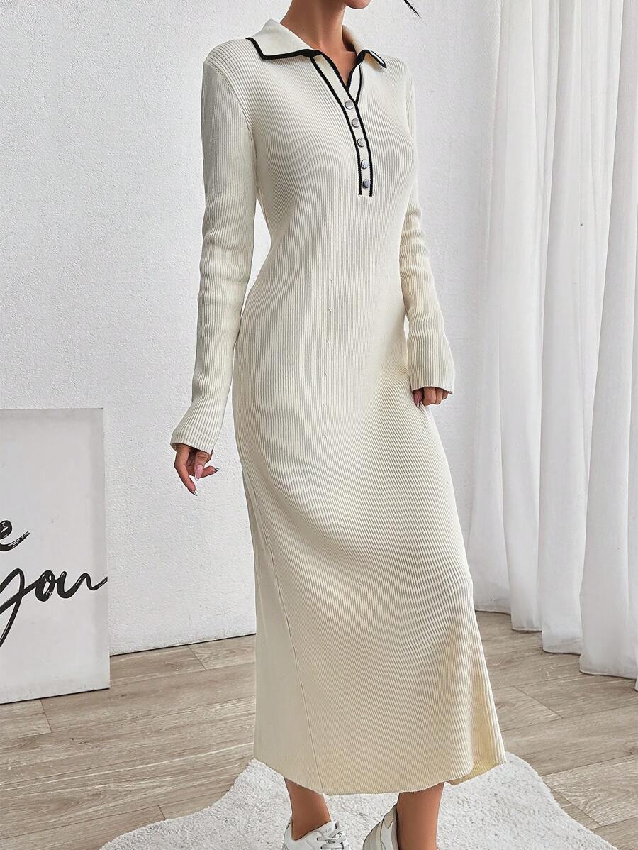 RueChic Body Corn Elegant Gold Button Lady Knit Dress - Beige - View 1