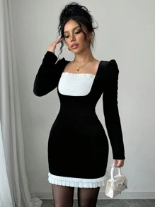 Chiquease Women Contrast Color Pleated Shirred Bodycon Dress, Autumn - Black and White - View 5