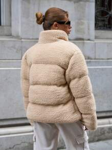 SHEIN Cottnline SOLID ZIPPER POCKET TEDDY WINTER COAT - Beige - View 2