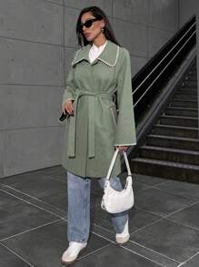 EURMUSE Straigt Fit Sewing Detailed Long Overcoat - Mint Green - View 5