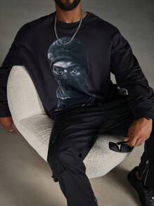 Manfinity LEGND Plus Size Men's Casual Portrait Print Crew Neck Loose Sweatshirt, Autumn - Black - View 4