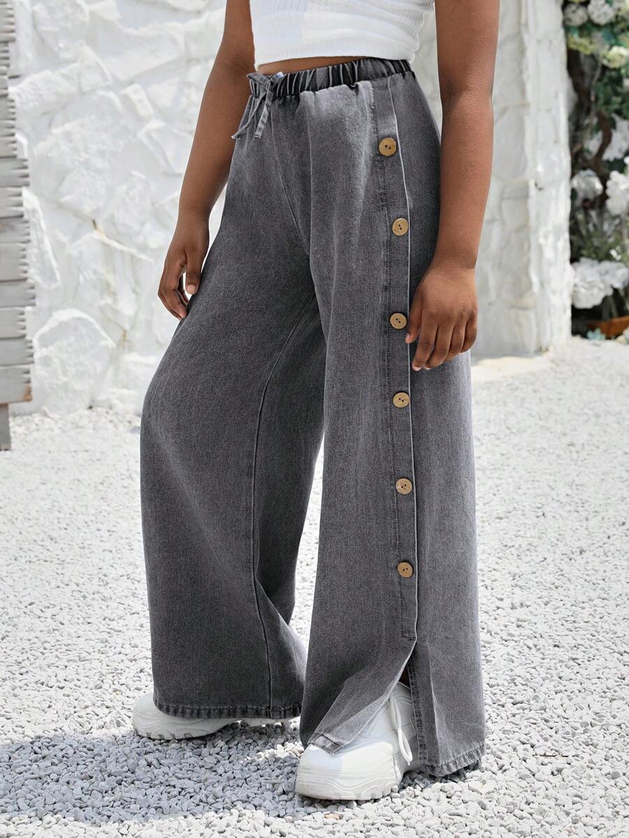 SHEIN Tween Girl Summer Boho Button Detail Knot Front Baggy Denim Wide Leg Pants - Grey - View 1