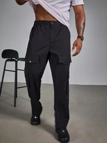 Manfinity Roughcore Plus Size Men Street Style Solid Color Flap Pocket Loose Cargo Pants, Fall - Black - View 7
