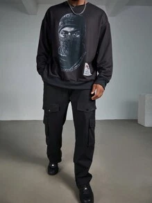 Manfinity LEGND Plus Size Men's Casual Portrait Print Crew Neck Loose Sweatshirt, Autumn - Black - View 5
