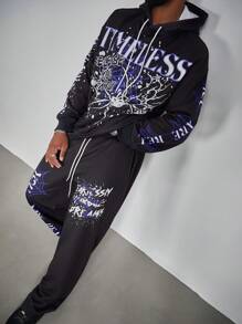 Manfinity LEGND Conjunto de 2 piezas de talla grande para hombre, de uso diario y casual, con sudadera con capucha y cordón estampada con letras y pantalón de chándal