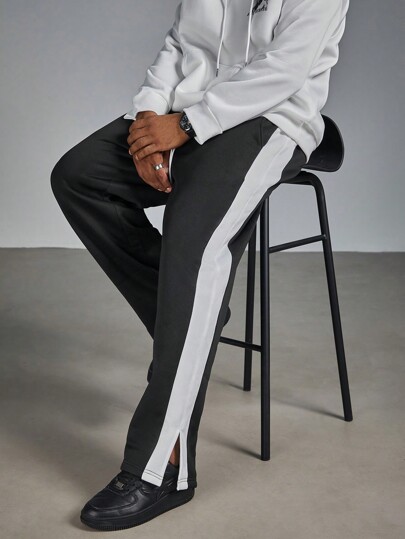 Manfinity Hypemode Plus Size Men Casual Sports Style Drawstring Waist Side Contrast Color Pocket Loose Straight Leg Sweatpants