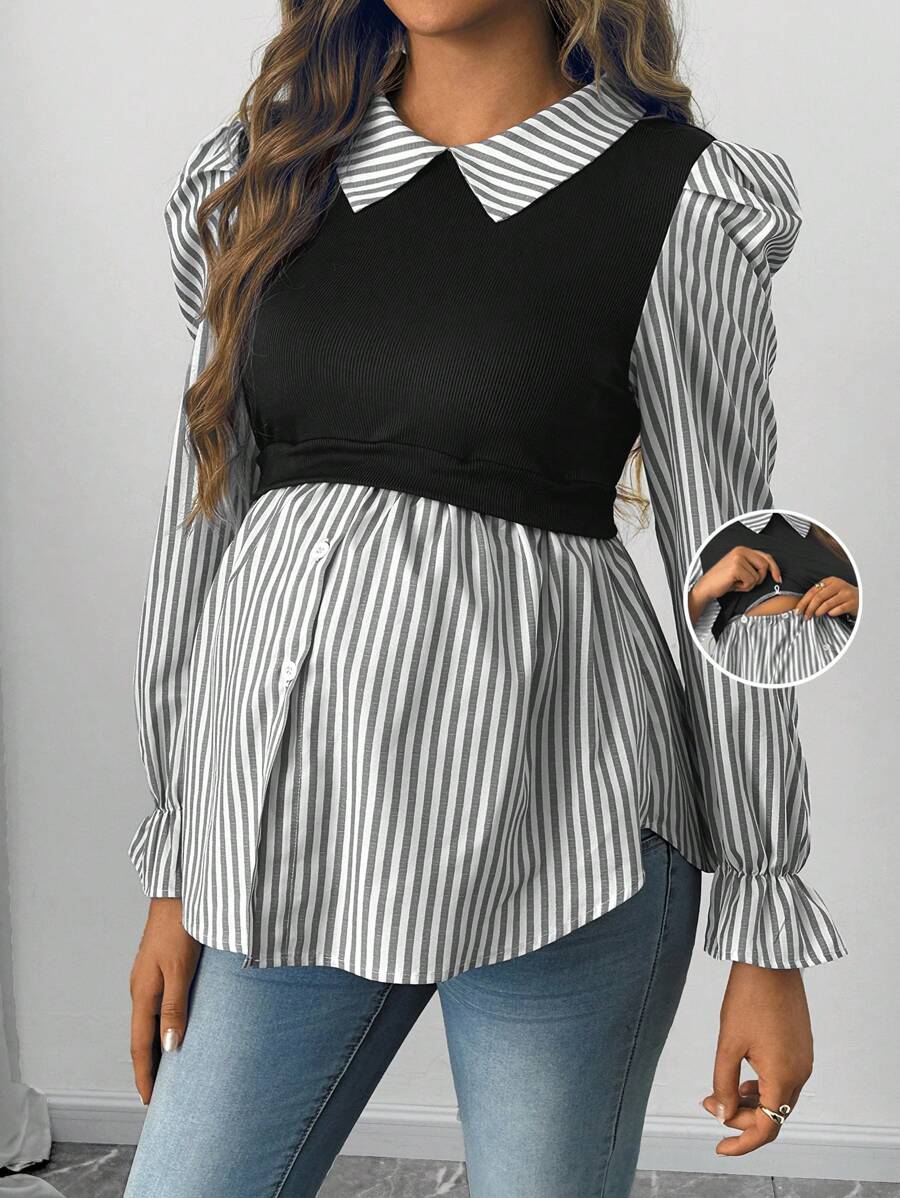 SHEIN 纯色拼接长袖翻领哺乳上衣，休闲日常穿着，适合孕妇 - 黑與白 - 查看 1