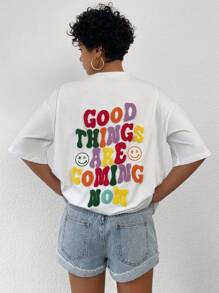 RueChic Drop Shoulder T-Shirt mit Buchstaben Grafik,