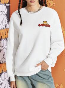 GARFIELD | SHEIN Winter White Loose Velvet-Soled Thermal Sweatshirt, Cartoon Pattern, Cute Pattern, Street Cool, Daily, Casual - White - View 2