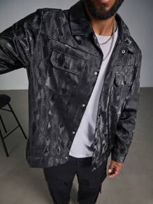 Manfinity Homme Plus Size Men's Casual Streetwear Snake Skin Print Flap Pocket Shacket - Black - View 3