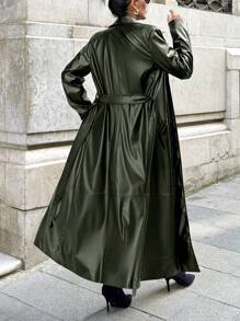EURMUSE Lapel Neck Long Sleeves Belted PU Leather Coat - Army Green - View 2