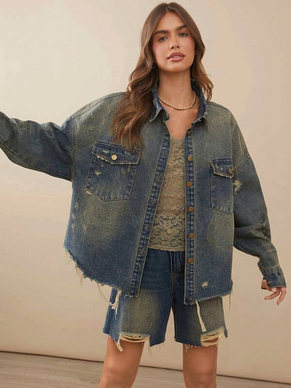 WESTFADE Premium Denim Tinted 91% Cotton Distressed Shacket