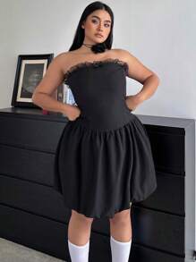 Flirla Plus Size Black Off Shoulder Strapless A-Line Princess Puff Dress - Black - View 5