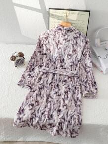 Boys' Tie-Dye Style Plush Warm Long Sleeve Robe Pajama, Fashion & Simple Design For Teenager