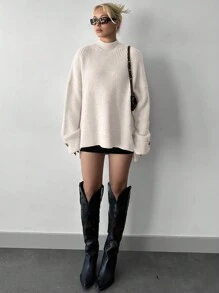 EURMUSE Mock Neck Drop Shoulder Split Hem Sweater - Beige - View 4