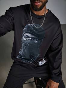 Manfinity LEGND Plus Size Men's Casual Portrait Print Crew Neck Loose Sweatshirt, Autumn - Black - View 1
