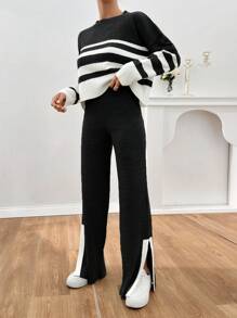 EURMUSE Women Rib Knit Stripe Pattern Round Neck Drop Shoulder Pullover & Sweater Pants Set - Black and White - View 3