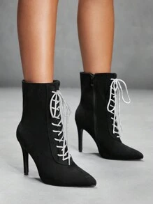 CUCCOO SZL Cuccoo Pointed Toe Slim High Heel Lace-Up Black Mid-Calf Boots For Women - Black - View 2