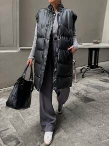 EURMUSE Ruffle Trim PU Leather Zip Up Puffer Vest Coat - Black - View 5