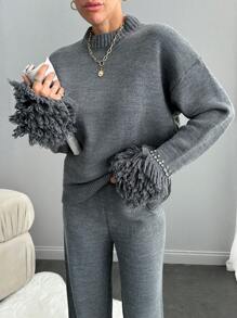 RueChic 女士圆领流苏和水钻袖细节套头衫和毛衣裤 2 件套 - 灰色 - 查看 6