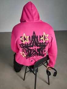 Manfinity Homme Hoodie Lengan Panjang Pria Ukuran Besar dengan Motif Pentagram dan Tali Serut, Musim Gugur - Berwarna merah muda - View 4
