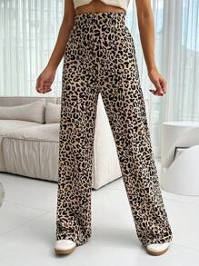 EURMUSE 女士休闲豹纹印花阔腿裤 - 棕色 - 查看 3