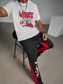 Manfinity Roughcore Plus Size Men's Casual Set - Letter Graphic Round Neck Short Sleeve Top And Pants