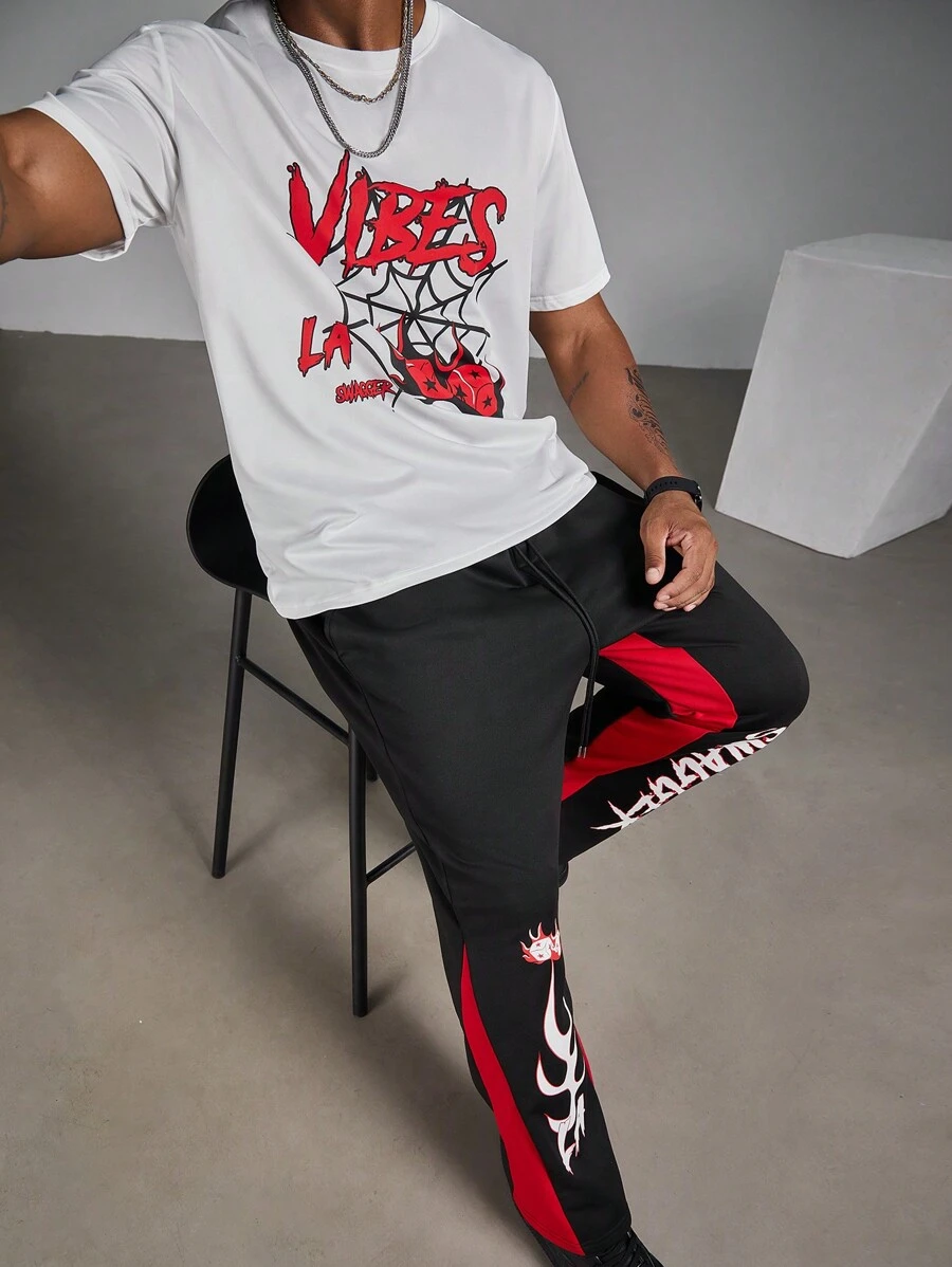 Manfinity Roughcore Plus Size Men's Casual Set - Letter Graphic Round Neck Short Sleeve Top And Pants