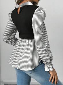 SHEIN 纯色拼接长袖翻领哺乳上衣，休闲日常穿着，适合孕妇 - 黑與白 - 查看 2