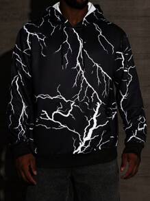 Manfinity LEGND Men's Plus Size Casual Lightning Print Hooded Sweatshirt, Spring & Autumn