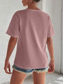 EURMUSE T-Shirt With Flower Embroidery, Round Collar, Pocket Details - Pink - View 2