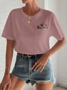 EURMUSE T-Shirt With Flower Embroidery, Round Collar, Pocket Details - Pink - View 6