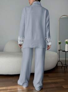 EURMUSE Women Solid Color High Neck Sleeve Detailed Sweater & Sweater Pants Set - Baby Blue - View 2