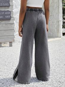 SHEIN Tween Girl Summer Boho Button Detail Knot Front Baggy Denim Wide Leg Pants - Grey - View 2