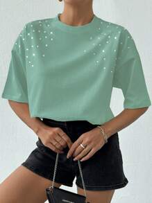 RueChic 100% 纯棉女款白色水钻 T 恤 - 薄荷藍 - 查看 5