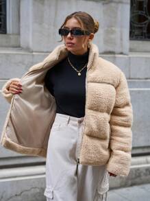 SHEIN Cottnline SOLID ZIPPER POCKET TEDDY WINTER COAT - Beige - View 7