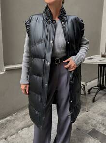 EURMUSE Ruffle Trim PU Leather Zip Up Puffer Vest Coat - Black - View 1