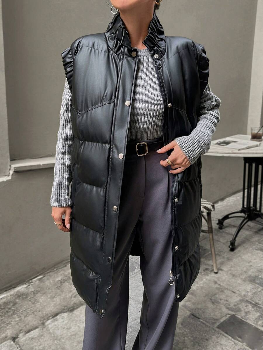 EURMUSE Ruffle Trim PU Leather Zip Up Puffer Vest Coat - Black - View 1
