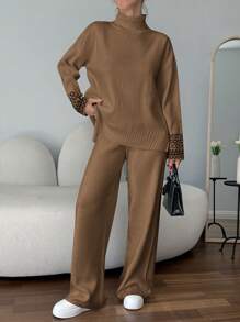 EURMUSE 女士纯色高领袖细节毛衣和毛衣裤套装 - 駝色 - 查看 3