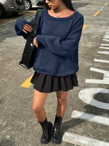 SHEIN EZwear 大码宽领长款宽松针织套头衫，秋冬大码 - 藍色 - 查看 5