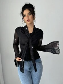 Selianne Women's Fashionable Elegant Sparkly Flare Sleeve Tie Neck T-Shirt, Suitable For Autumn Fall Cloth For Women - Black - View 1