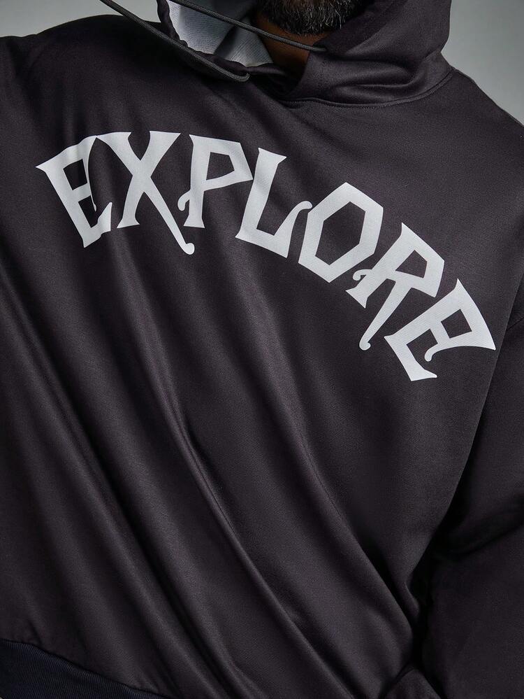 Manfinity LEGND Plus Size Men's Casual Street Style Figure & Letter Graphic Drop Shoulder Loose Fit Drawstring Hoodie, Spring Autumn - Black - View 2