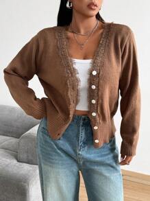 Calvaya Plus Size Plain Color Lace Patchwork Front Button Long Sleeve Minimalist Blouse