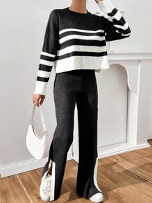 EURMUSE Women Rib Knit Stripe Pattern Round Neck Drop Shoulder Pullover & Sweater Pants Set - Black and White - View 7