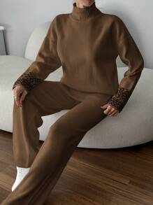 EURMUSE 女士纯色高领袖细节毛衣和毛衣裤套装 - 駝色 - 查看 4