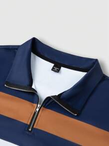 Manfinity Homme Plus Size Heren Casual Gestreept Colorblock Half-Zip Lange Mouw Poloshirt, Uitgaan